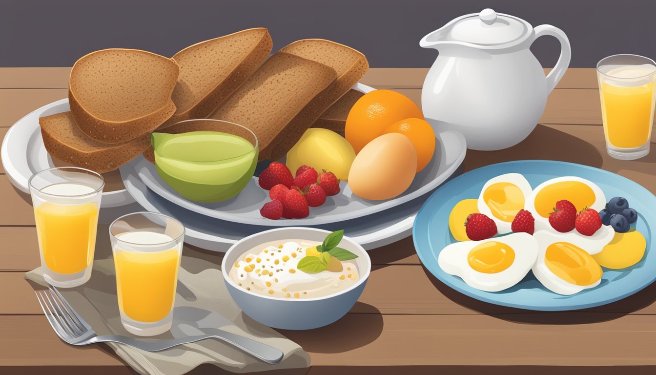 A table set with a colorful array of fresh fruits, whole grain bread, eggs, and yogurt, with a menu featuring diabetes-friendly breakfast options in the background