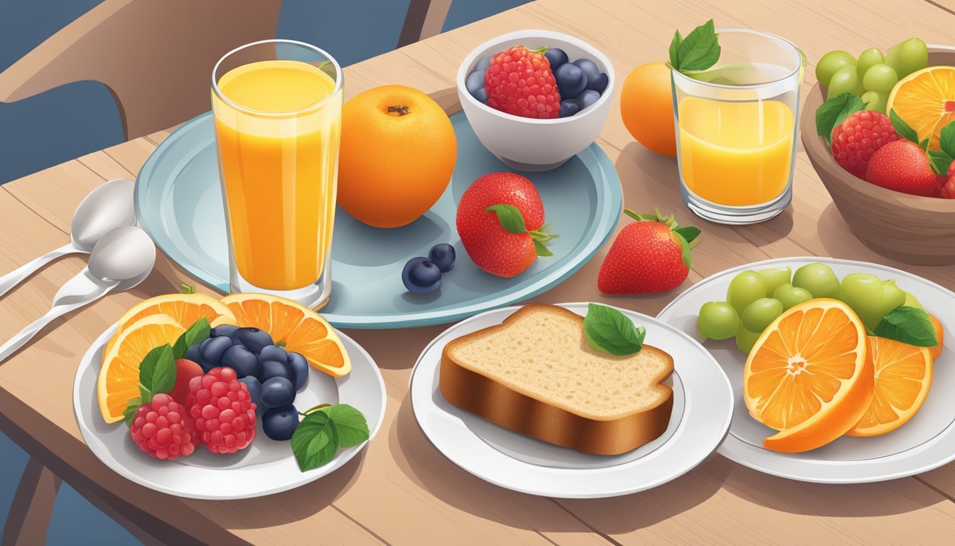 A table set with a variety of colorful seasonal fruits, whole grain toast, and a glass of orange juice, with a plate and utensils ready for a diabetic breakfast