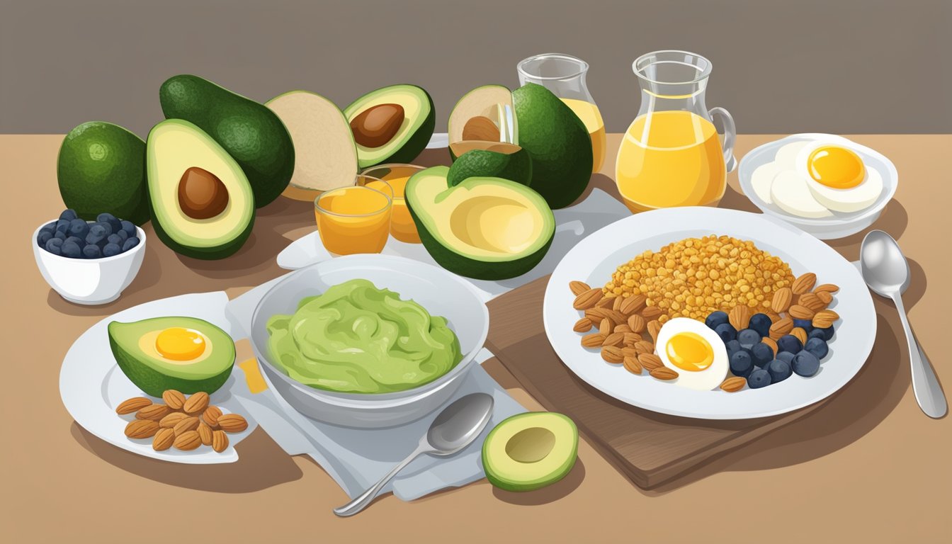 A table set with a balanced breakfast spread including avocados, nuts, and eggs, surrounded by fresh fruits and whole grains