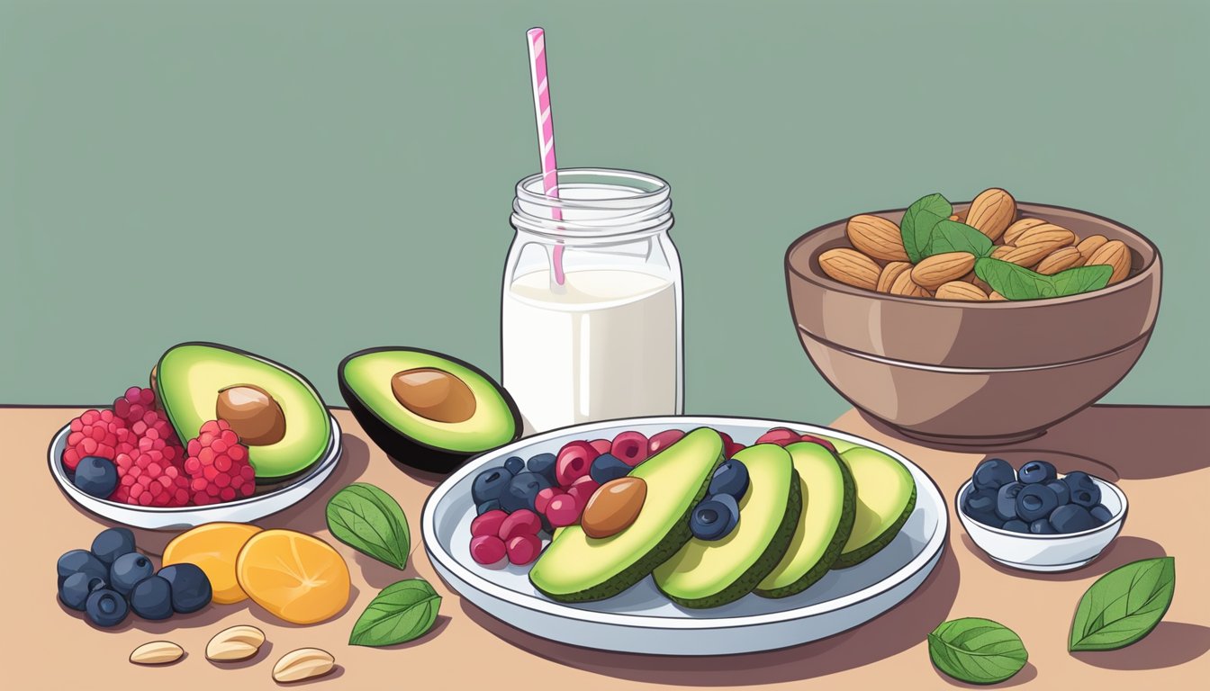 A table set with a balanced breakfast: avocado toast, nuts, and a bowl of mixed berries, with a glass of almond milk, all surrounded by fresh ingredients