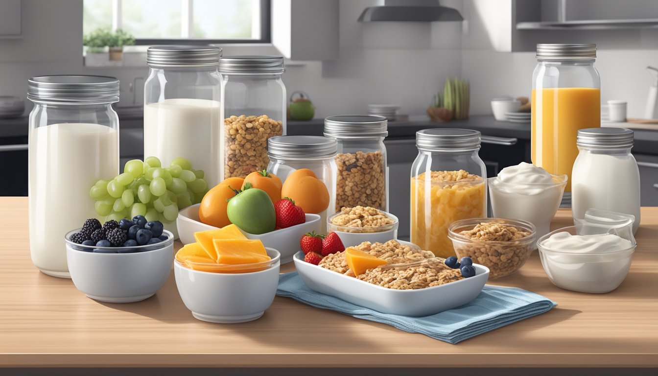 A kitchen counter with a variety of pre-packaged breakfast items such as yogurt, fruit, granola bars, and pre-cut vegetables for easy meal prep