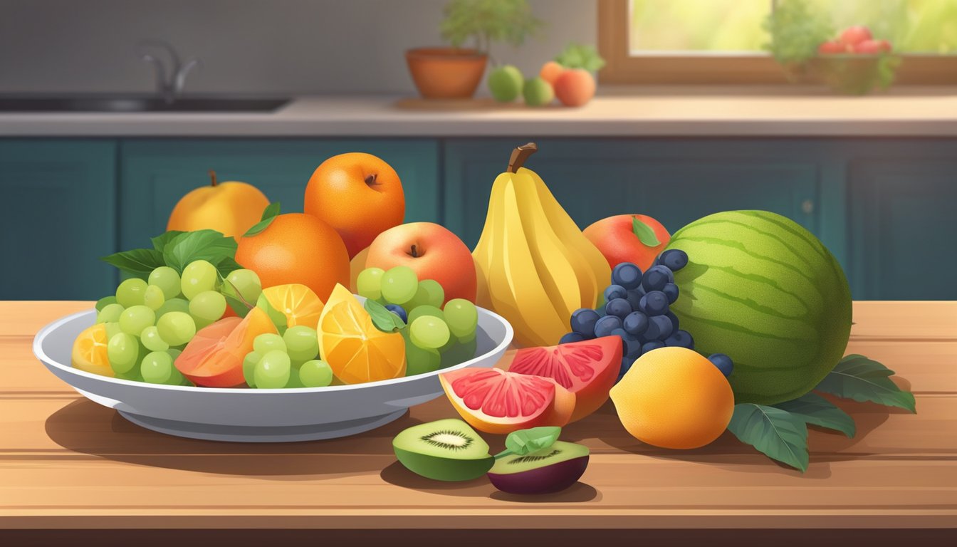 A table with a variety of colorful seasonal fruits, a cutting board, and a knife. A bowl of sliced fruits next to a plate with a healthy diabetic breakfast