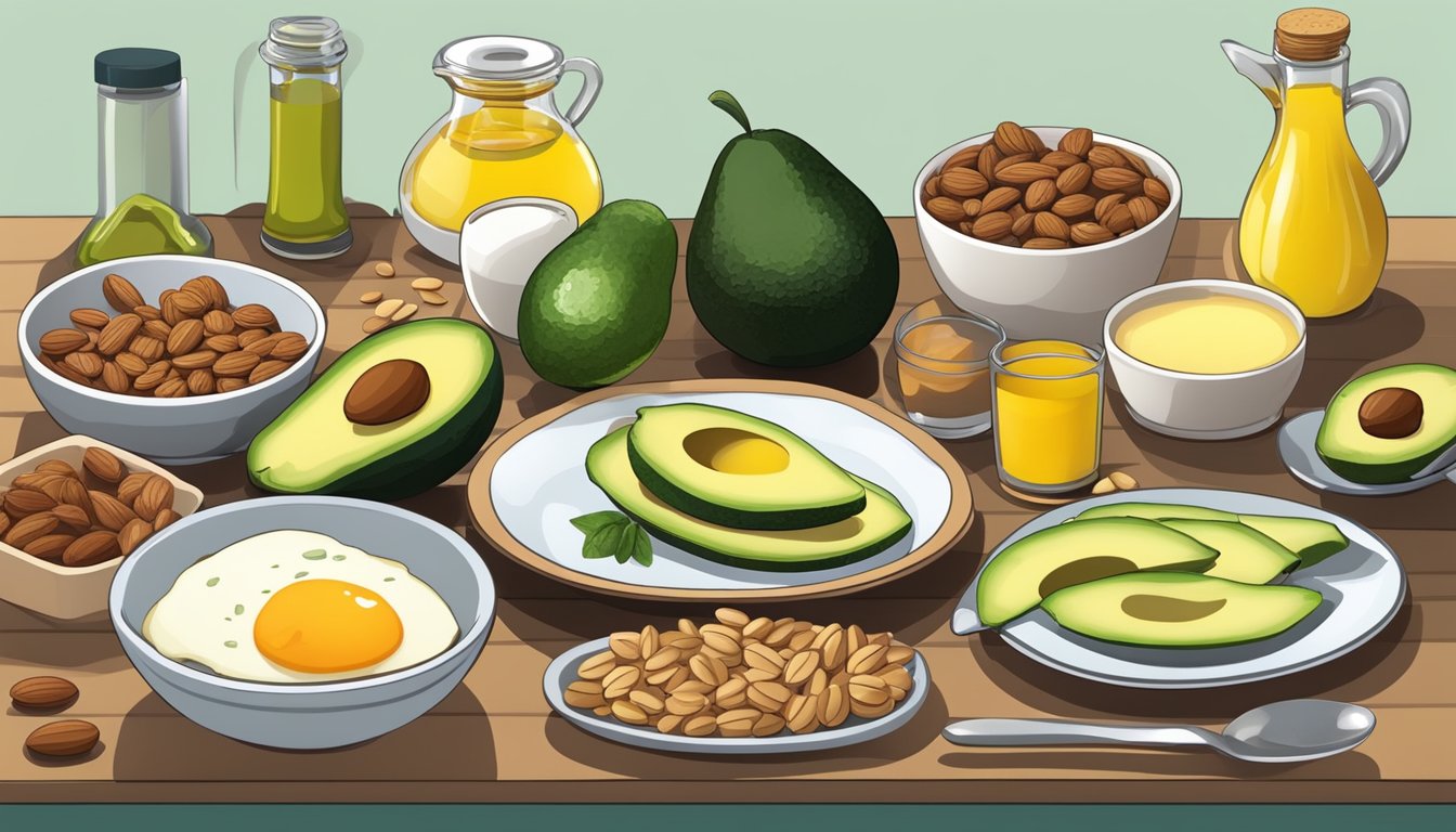 A table set with a colorful array of diabetic-friendly breakfast foods, including avocado, nuts, and olive oil, emphasizing the role of healthy fats