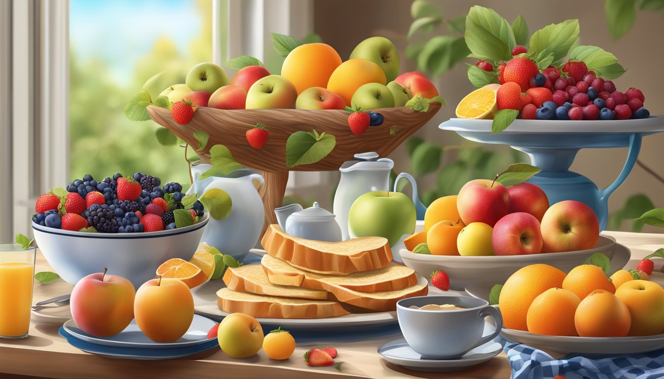 A breakfast table with a variety of seasonal fruits such as apples, oranges, and berries arranged in a colorful and appealing display