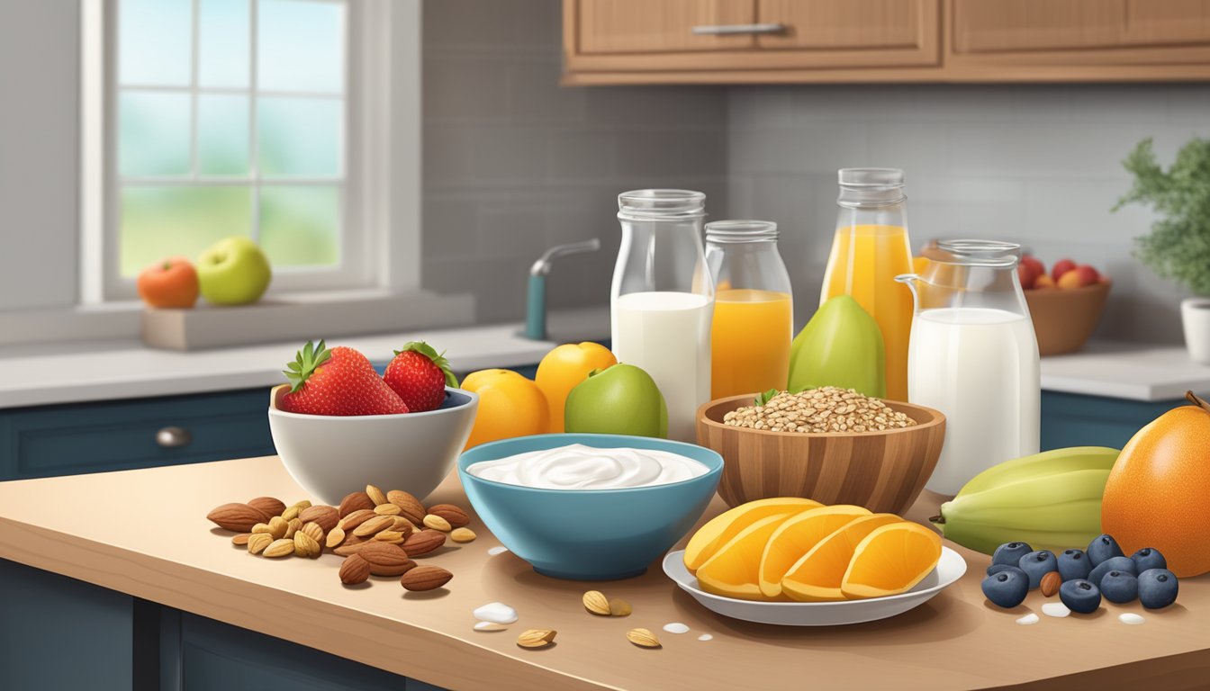 A kitchen counter with fresh fruits, whole grain bread, nuts, and yogurt. A variety of healthy ingredients for a quick diabetic-friendly breakfast