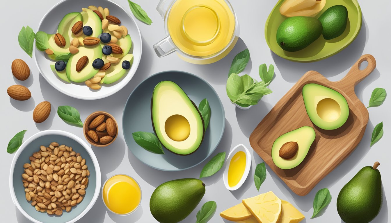 A breakfast table with a variety of healthy fats such as avocados, nuts, and olive oil alongside balanced portion sizes of fruits, vegetables, and whole grains