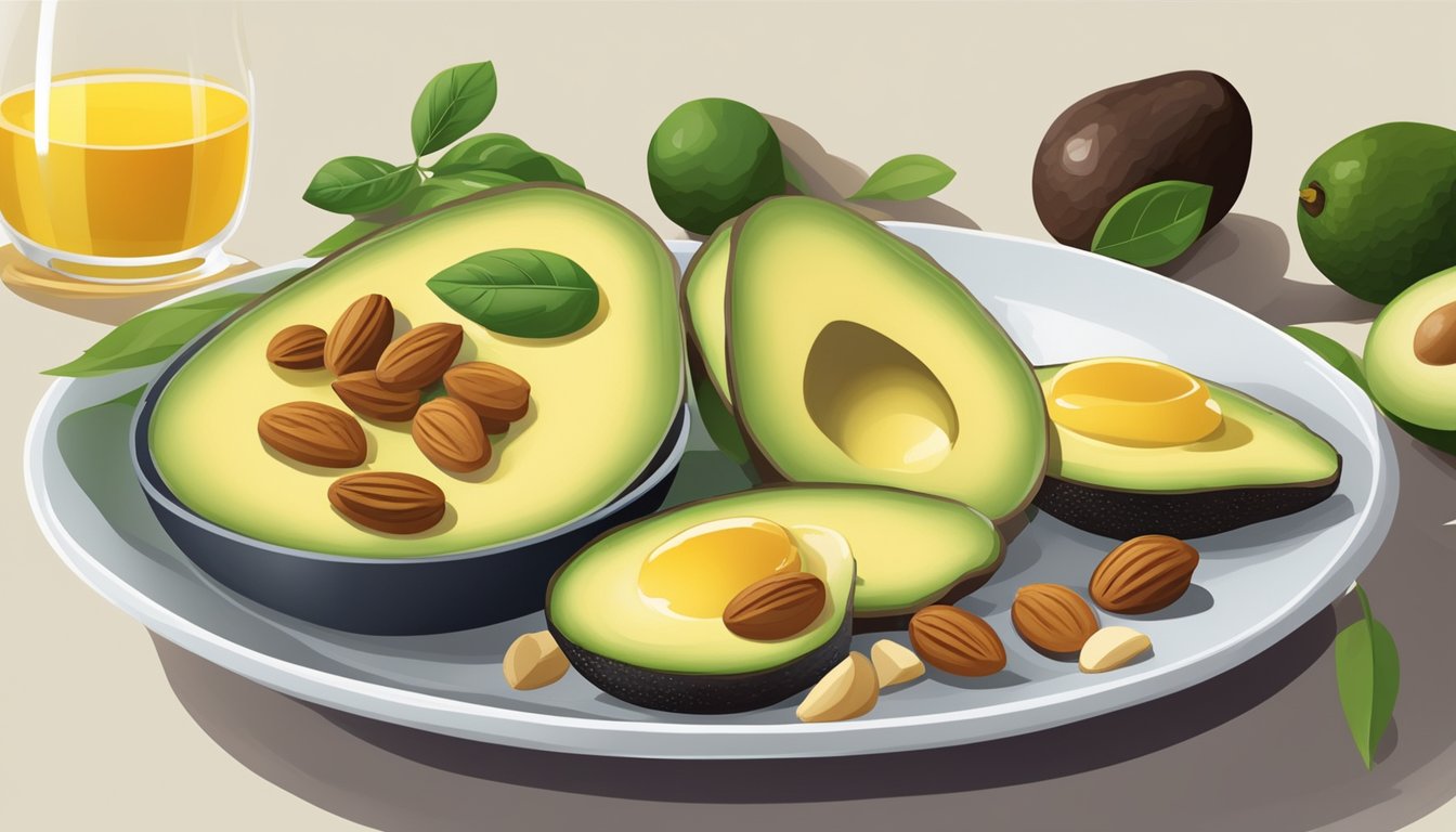 A breakfast scene with a variety of healthy fats such as avocado, nuts, and olive oil incorporated into the meal