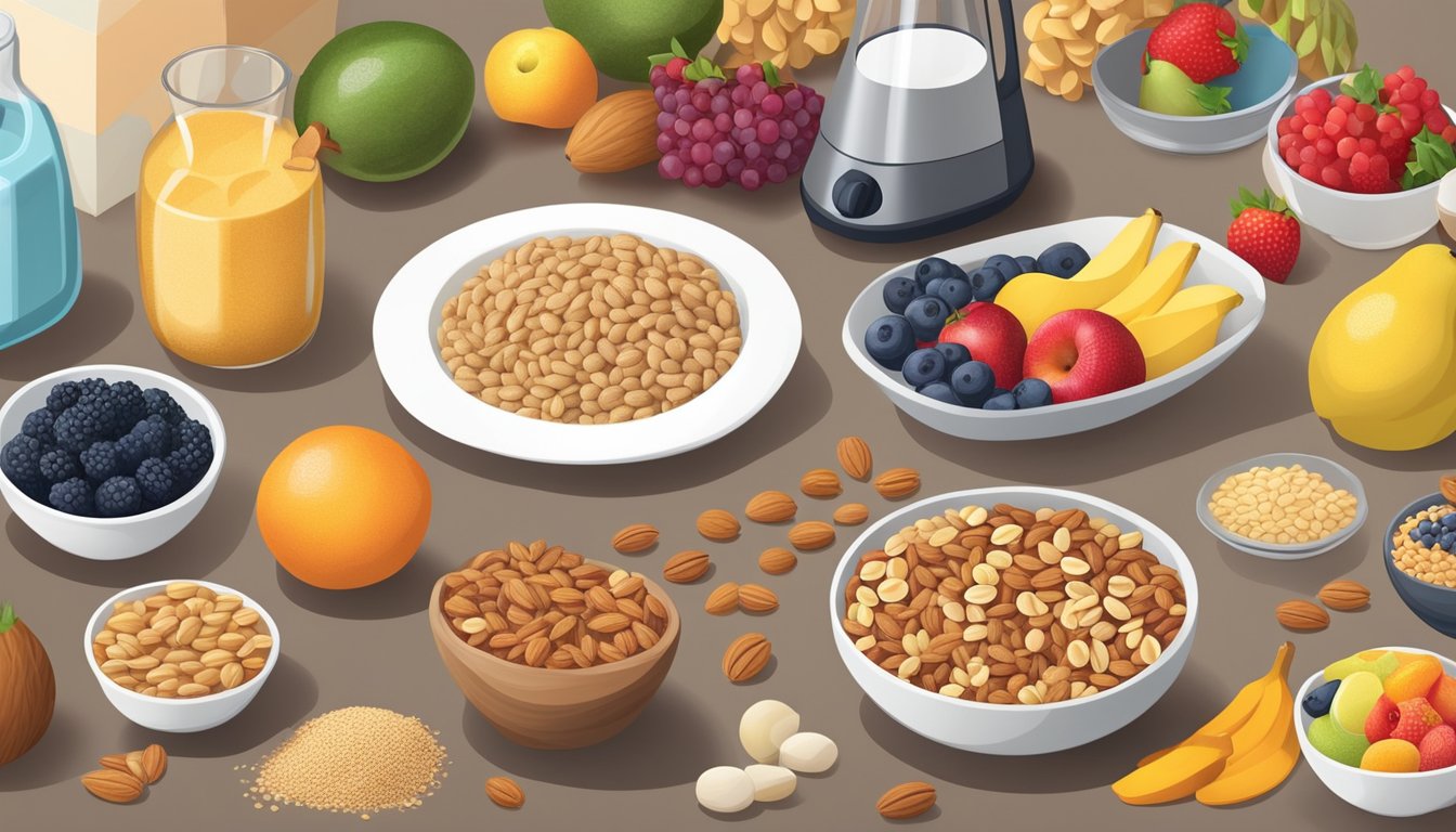 A table with a variety of colorful fruits, nuts, and whole grain cereals arranged neatly next to a blender and a selection of sugar-free flavorings