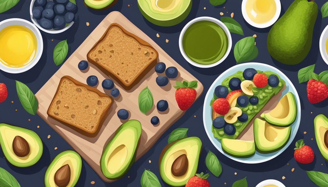 A colorful breakfast spread with avocados, nuts, and olive oil alongside fresh fruits and whole grain toast