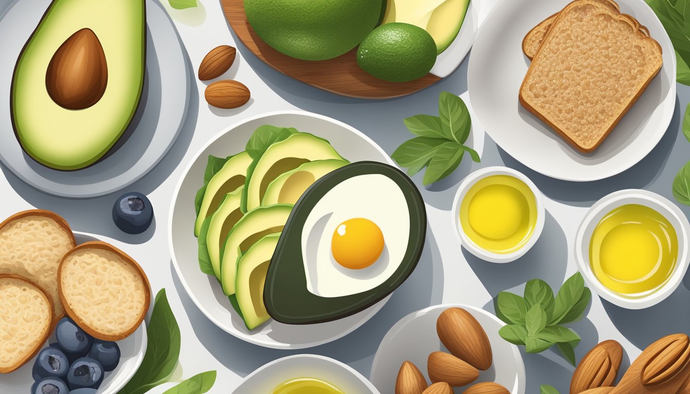 A breakfast table with a variety of healthy fats such as avocado, nuts, and olive oil alongside diabetic-friendly foods like whole grain toast and fresh fruit