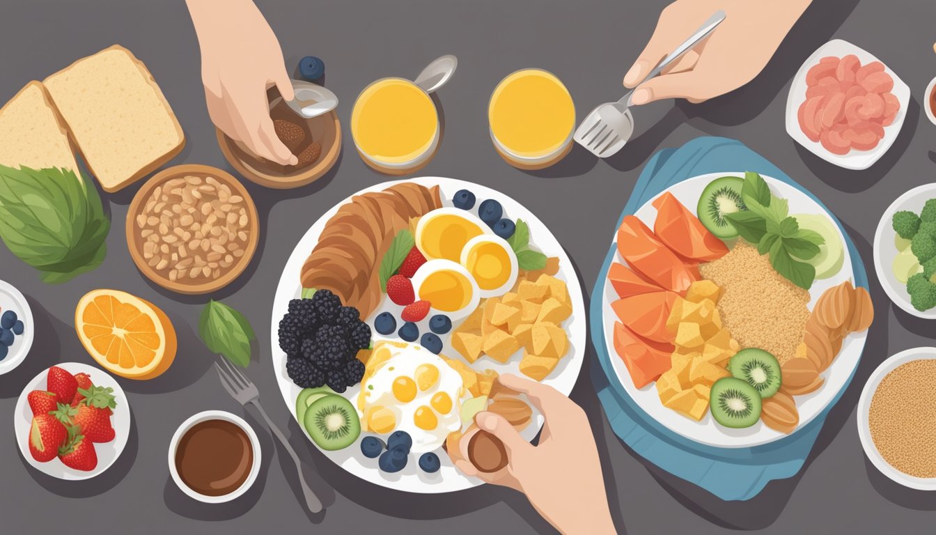 A table set with a variety of breakfast foods, including fruits, whole grains, and protein-rich options. A person with diabetes is choosing a balanced meal