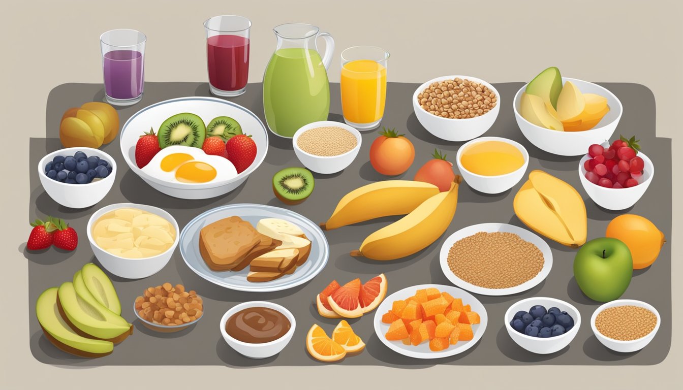 A table set with a variety of balanced breakfast options, including measured portions of fruits, grains, and proteins