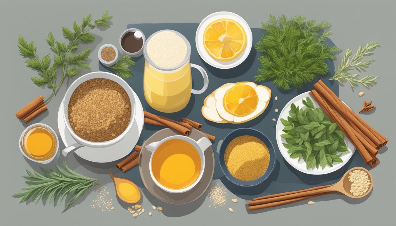 A breakfast table with an assortment of fresh herbs and spices, such as cinnamon, turmeric, and ginger, laid out next to a bowl of oatmeal and a cup of herbal tea