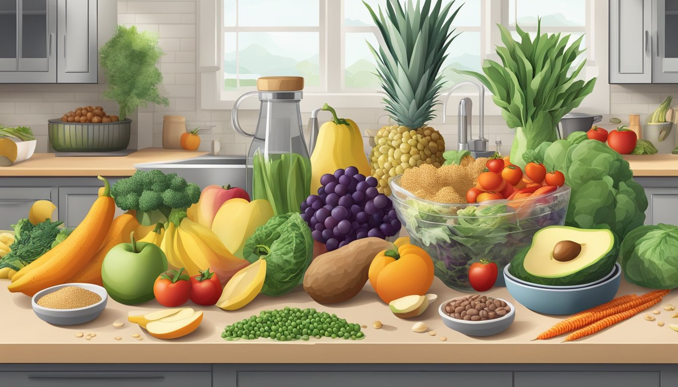 A kitchen counter with a variety of fresh fruits, vegetables, whole grains, and lean proteins laid out for meal planning and portion control