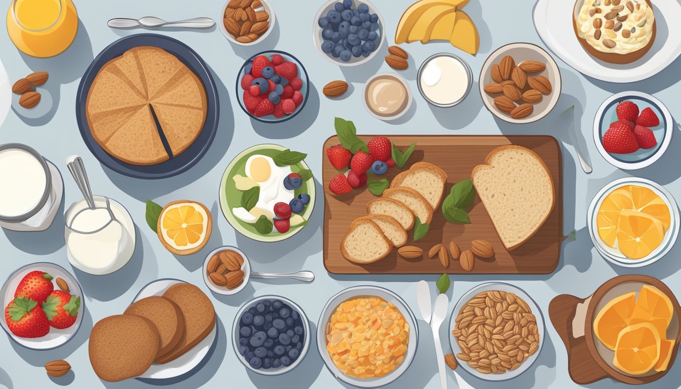 A colorful array of diabetic-friendly breakfast options arranged neatly on a kitchen counter, including fresh fruits, whole grain bread, yogurt, and nuts