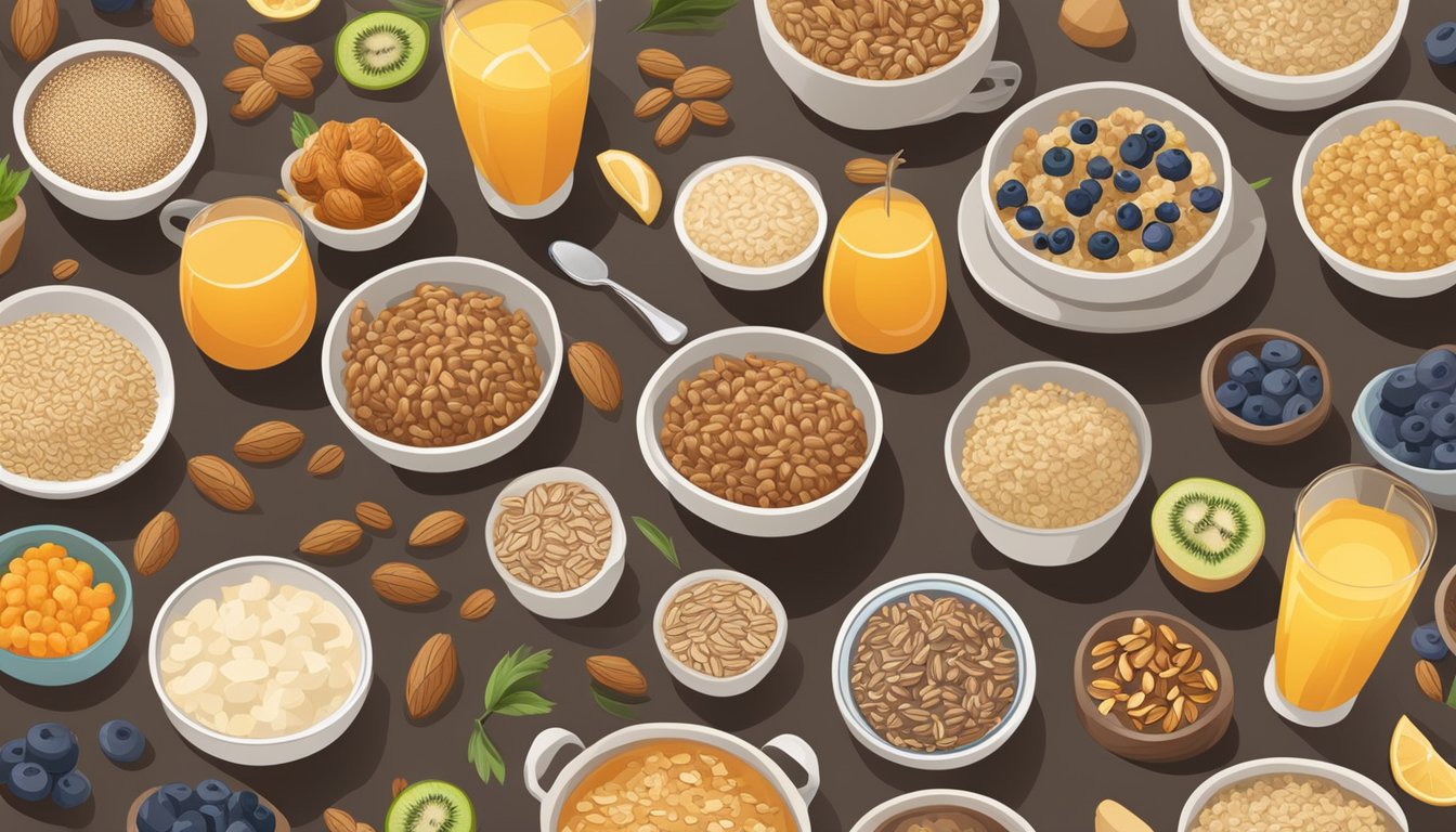 A table set with a variety of whole grain breakfast options from different cultures, including oats, quinoa, and brown rice, accompanied by fresh fruits and nuts