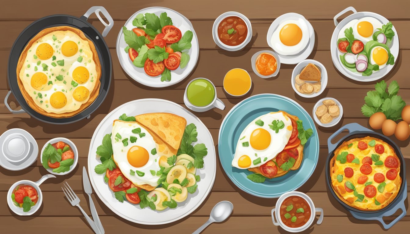 A table set with a variety of egg-based breakfast dishes from around the world, including omelettes, frittatas, and shakshuka, accompanied by diabetic-friendly sides such as fresh fruit and whole grain toast