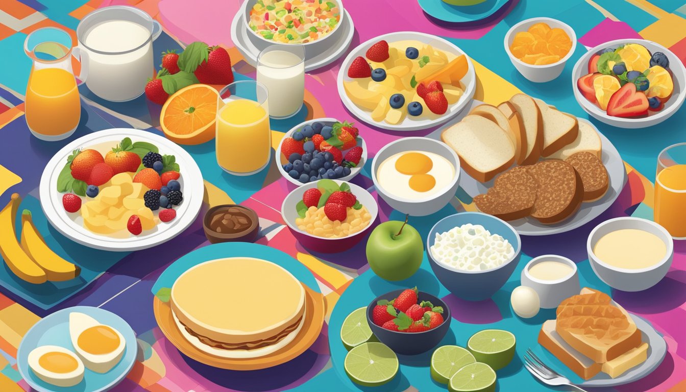 A table spread with a variety of international diabetic-friendly breakfast options, including dairy products and fresh fruits, set against a backdrop of colorful and vibrant cultural patterns