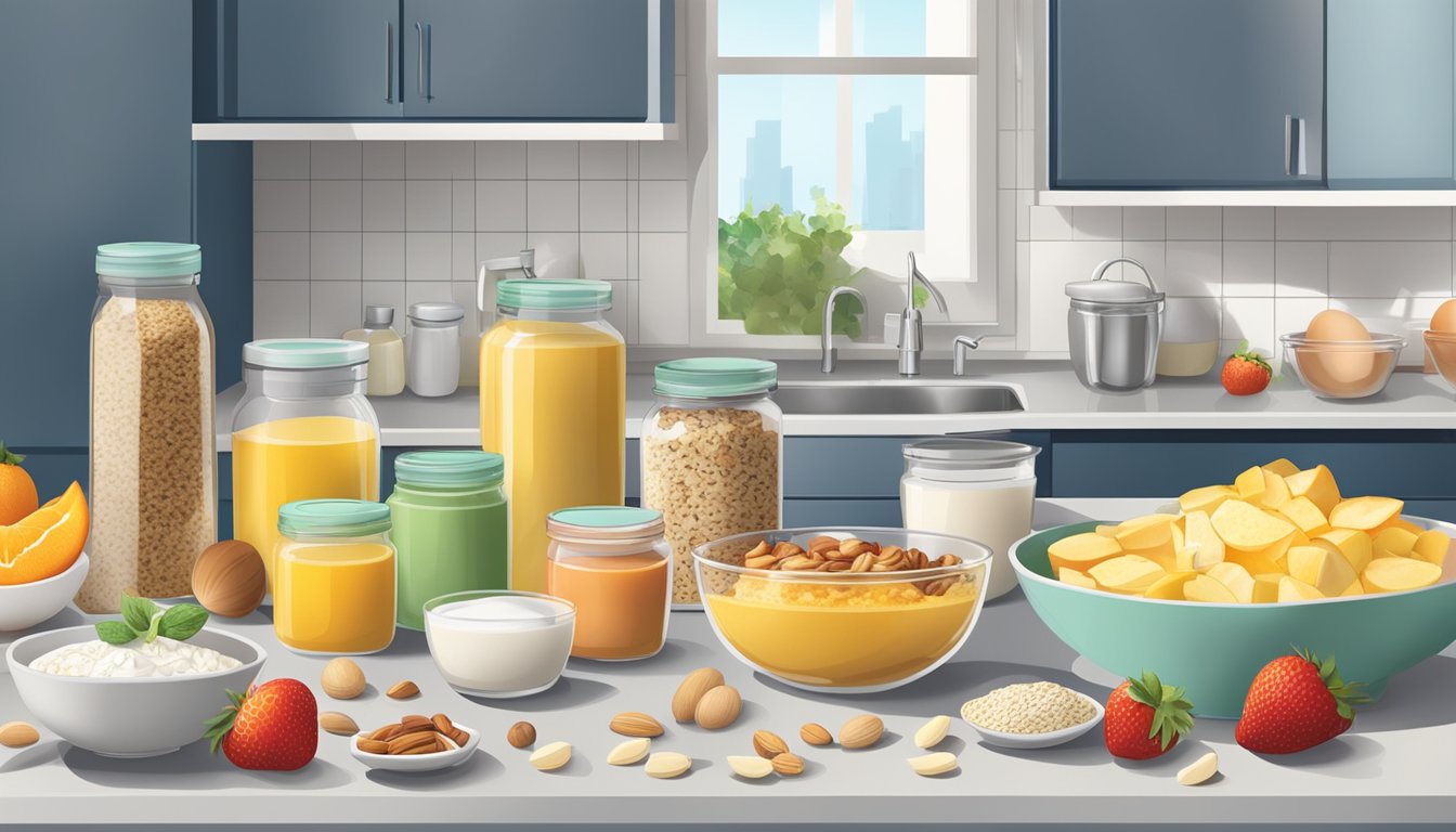 A kitchen counter with various containers filled with diabetic-friendly breakfast options, such as overnight oats, yogurt parfaits, and egg muffins. Fruits and nuts are also displayed for added variety