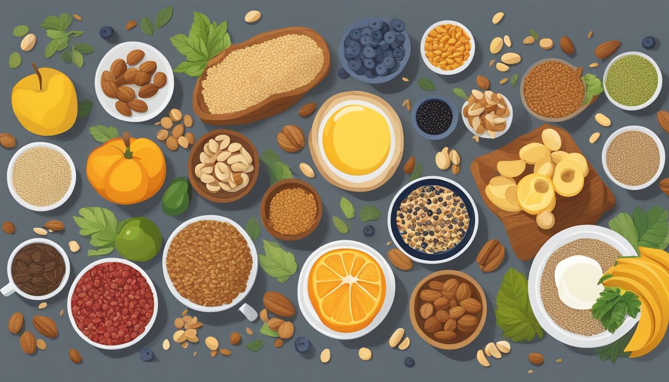 A colorful array of seeds, nuts, fruits, and grains spread on a table, surrounded by international breakfast dishes