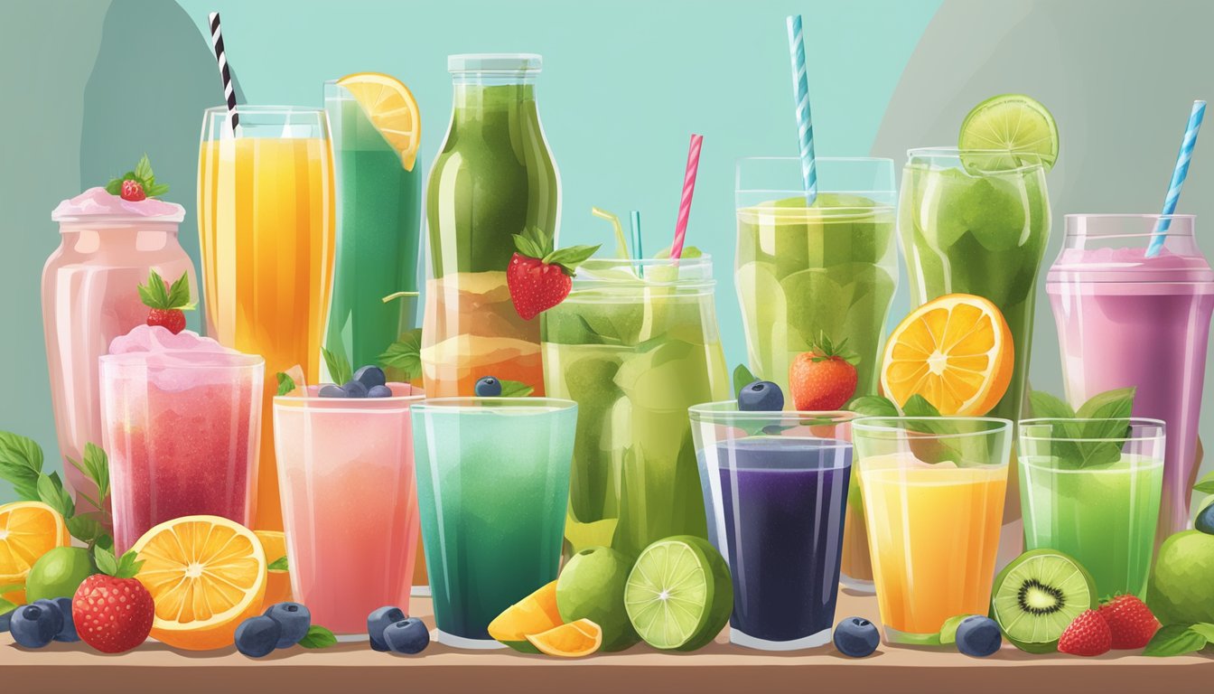 A colorful array of diabetic-friendly breakfast beverages from around the world, including herbal teas, fresh fruit juices, and smoothies