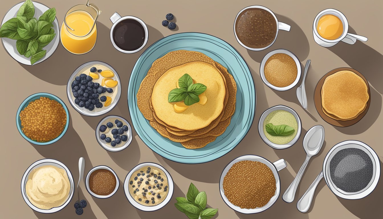 A table set with a variety of international breakfast options, including quinoa porridge, plantain pancakes, and chia seed pudding