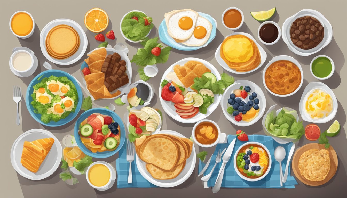 A table set with colorful and diverse breakfast options from around the world, all designed to be diabetic-friendly