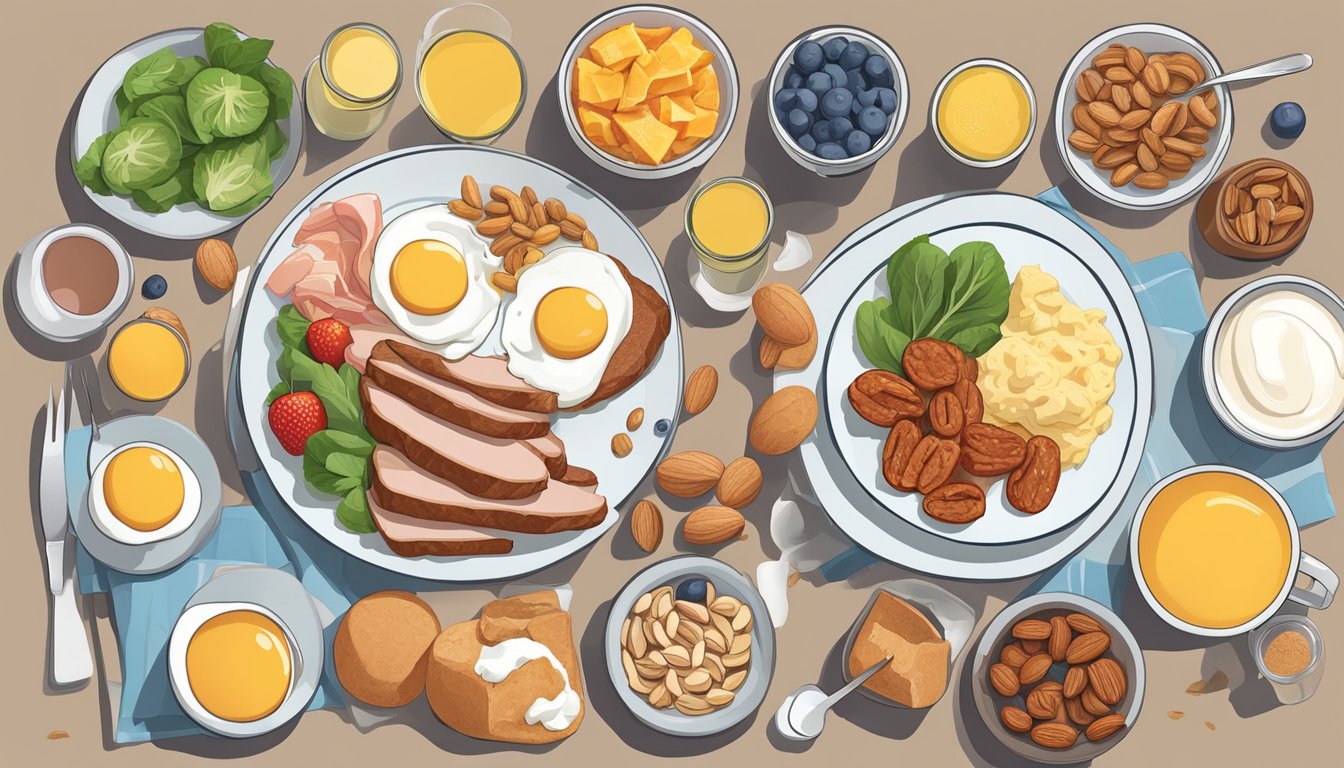 A breakfast table with a variety of high-protein foods such as eggs, yogurt, nuts, and lean meats. A diabetic-friendly meal plan is laid out with a focus on balanced nutrition and portion control