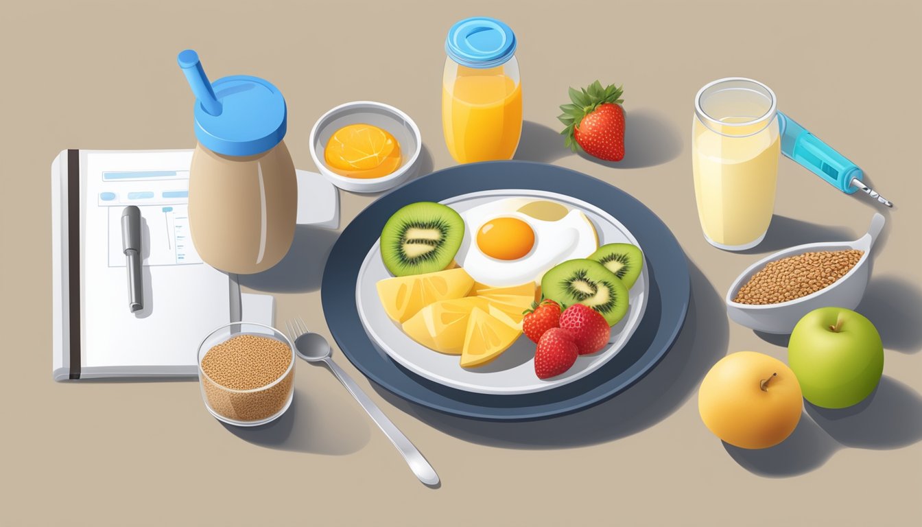 A table set with a balanced breakfast of whole grains, fruits, and protein, alongside a water bottle and glucose monitor