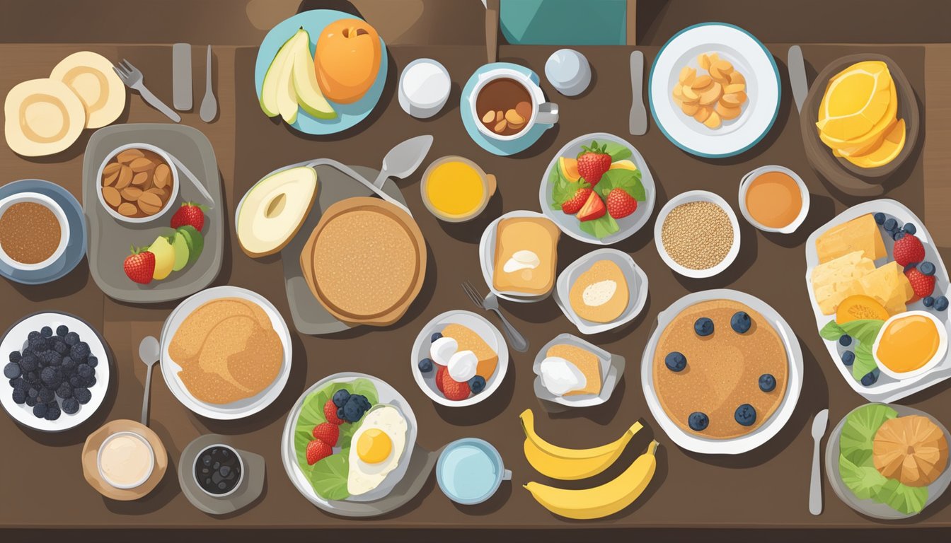 A table set with a variety of breakfast foods, including fruits, whole grains, and low-sugar options, with a chart showing the glycemic index values for each item