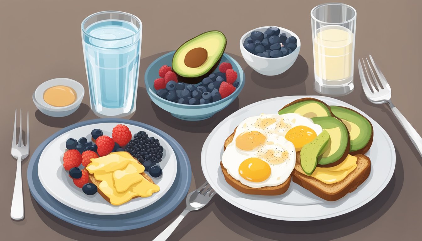 A plate of balanced breakfast options for diabetics, including whole grain toast, eggs, avocado, and berries, with a glass of water on the side