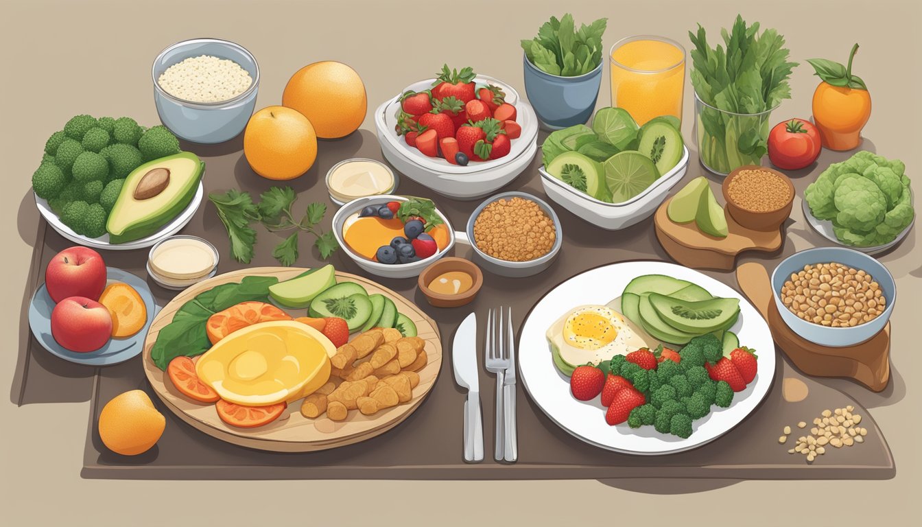 A table set with a variety of vegetarian breakfast options, including fruits, vegetables, whole grains, and plant-based proteins, with a focus on portion control and balanced nutrients