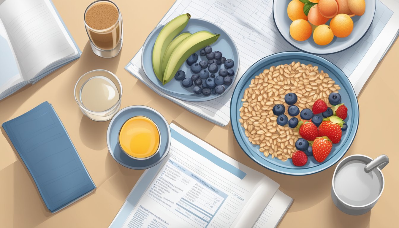 A table set with a balanced breakfast of whole grains, fruits, and lean protein, alongside a glass of water and a diabetes-friendly nutritional guide