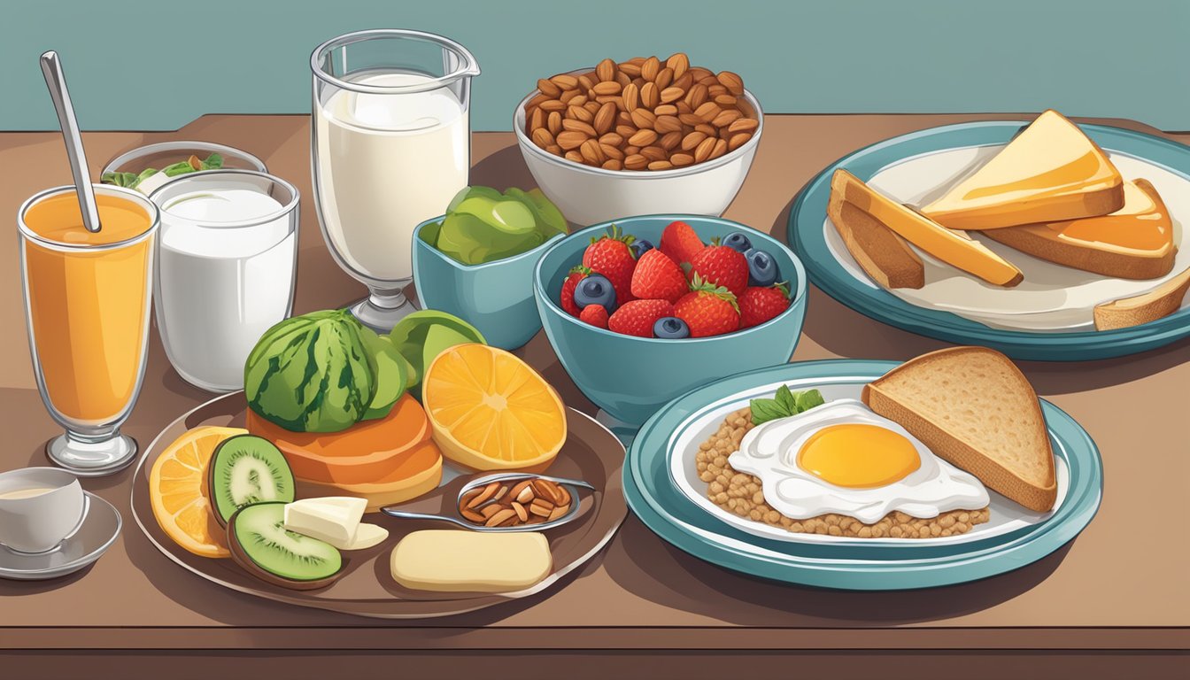 A table set with a variety of vegetarian breakfast options, including fresh fruits, whole grain toast, yogurt, and nuts, with a focus on balanced and diabetic-friendly choices