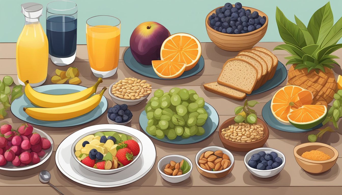 A table set with a variety of colorful fruits, whole grain bread, nuts, and plant-based protein options for a diabetic-friendly vegetarian breakfast