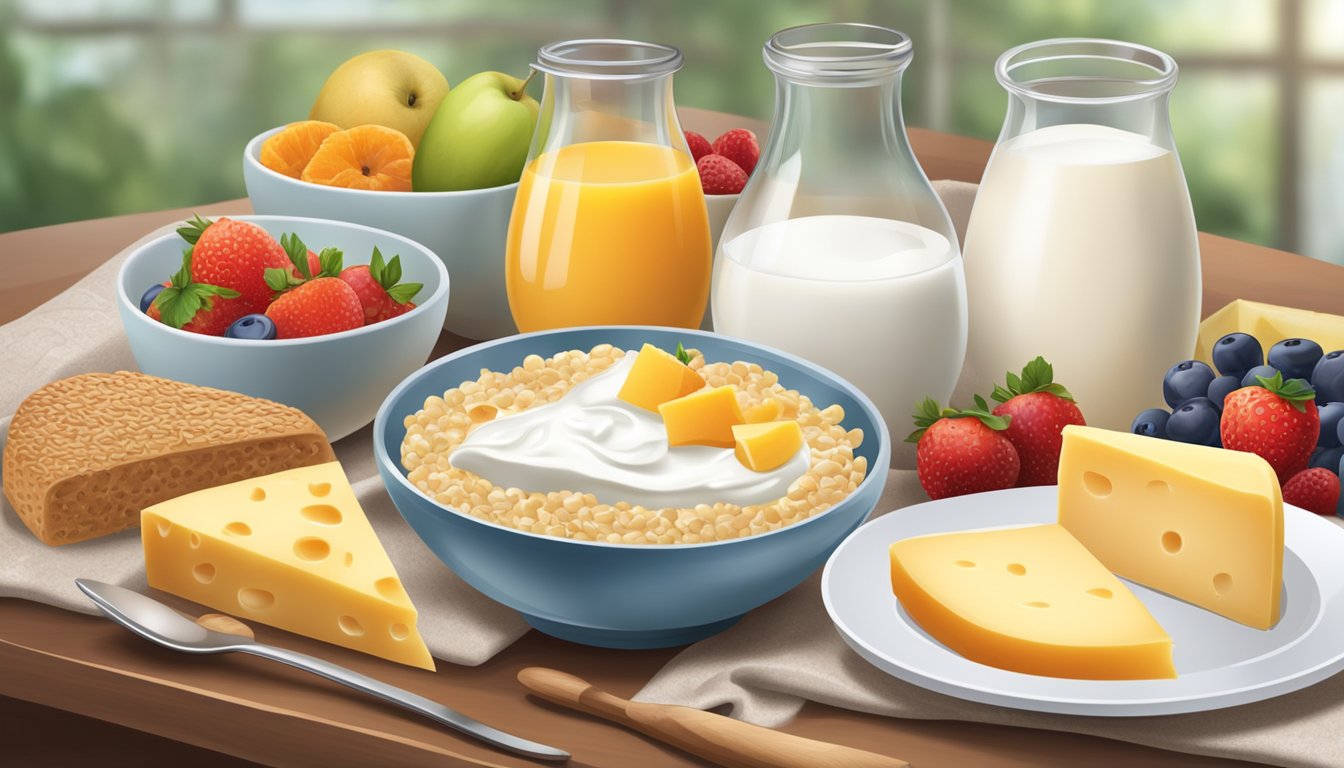 A breakfast table with a variety of dairy products such as milk, yogurt, and cheese, alongside fruits and whole grains. A diabetic-friendly meal