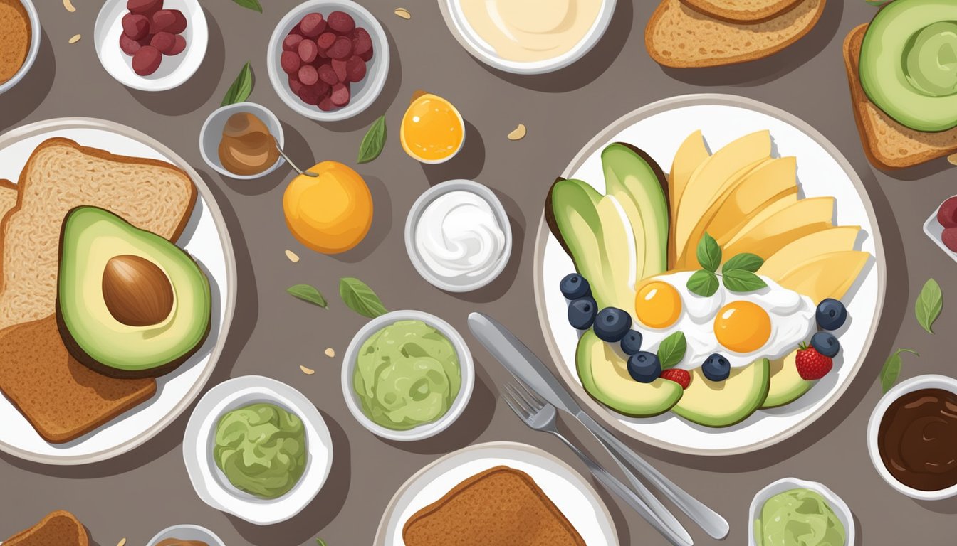 A table set with a variety of vegetarian breakfast options, including oatmeal, fruit, yogurt, and whole grain toast with avocado