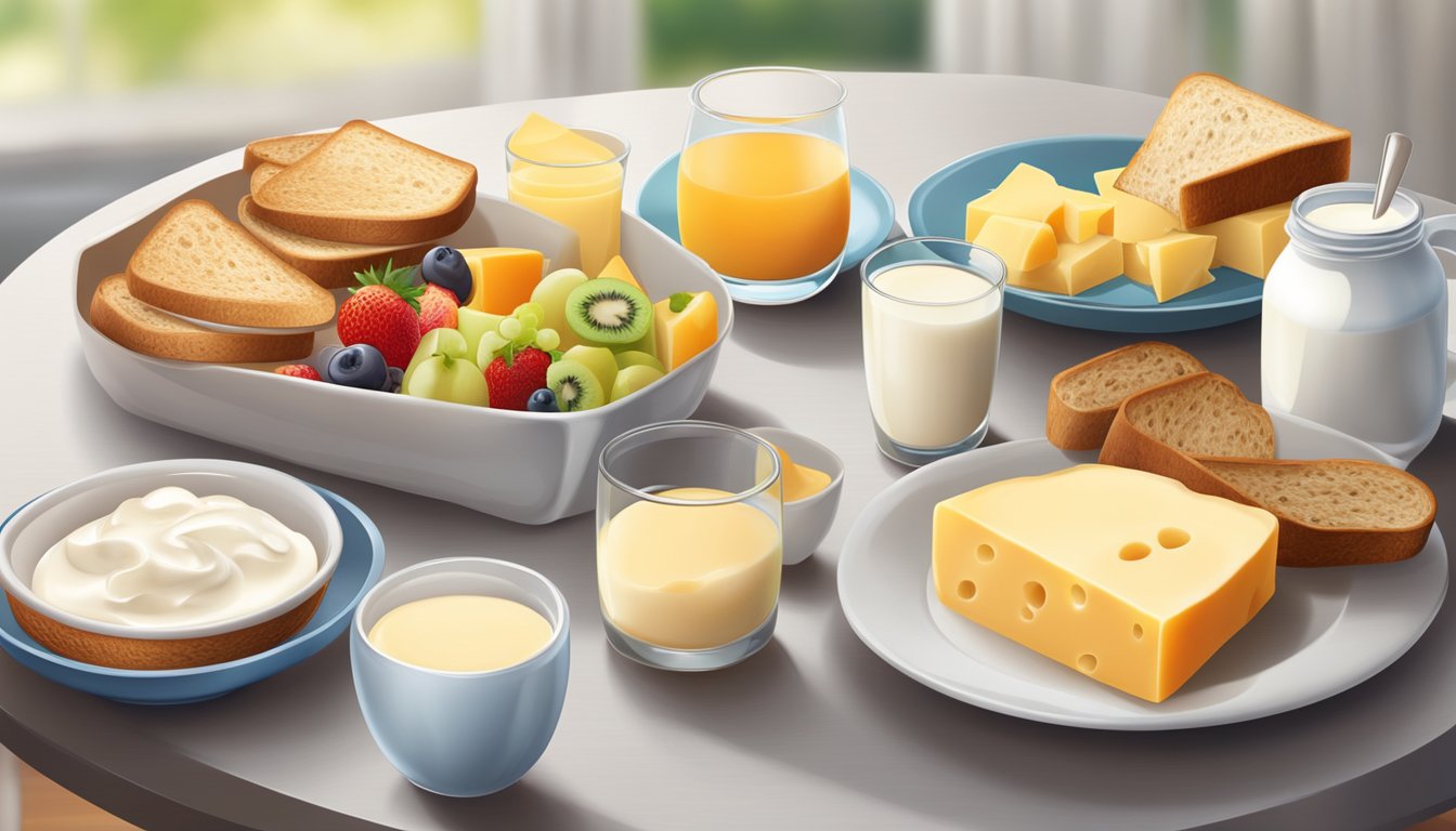 A breakfast table with a variety of dairy products such as milk, yogurt, and cheese, alongside a bowl of fresh fruits and whole grain toast