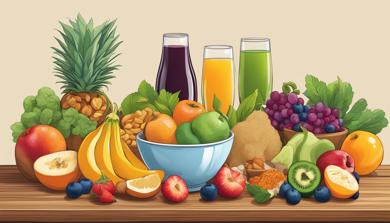 A colorful array of fresh fruits, vegetables, nuts, and seeds arranged on a wooden breakfast table, with a bowl of oatmeal and a glass of freshly squeezed juice