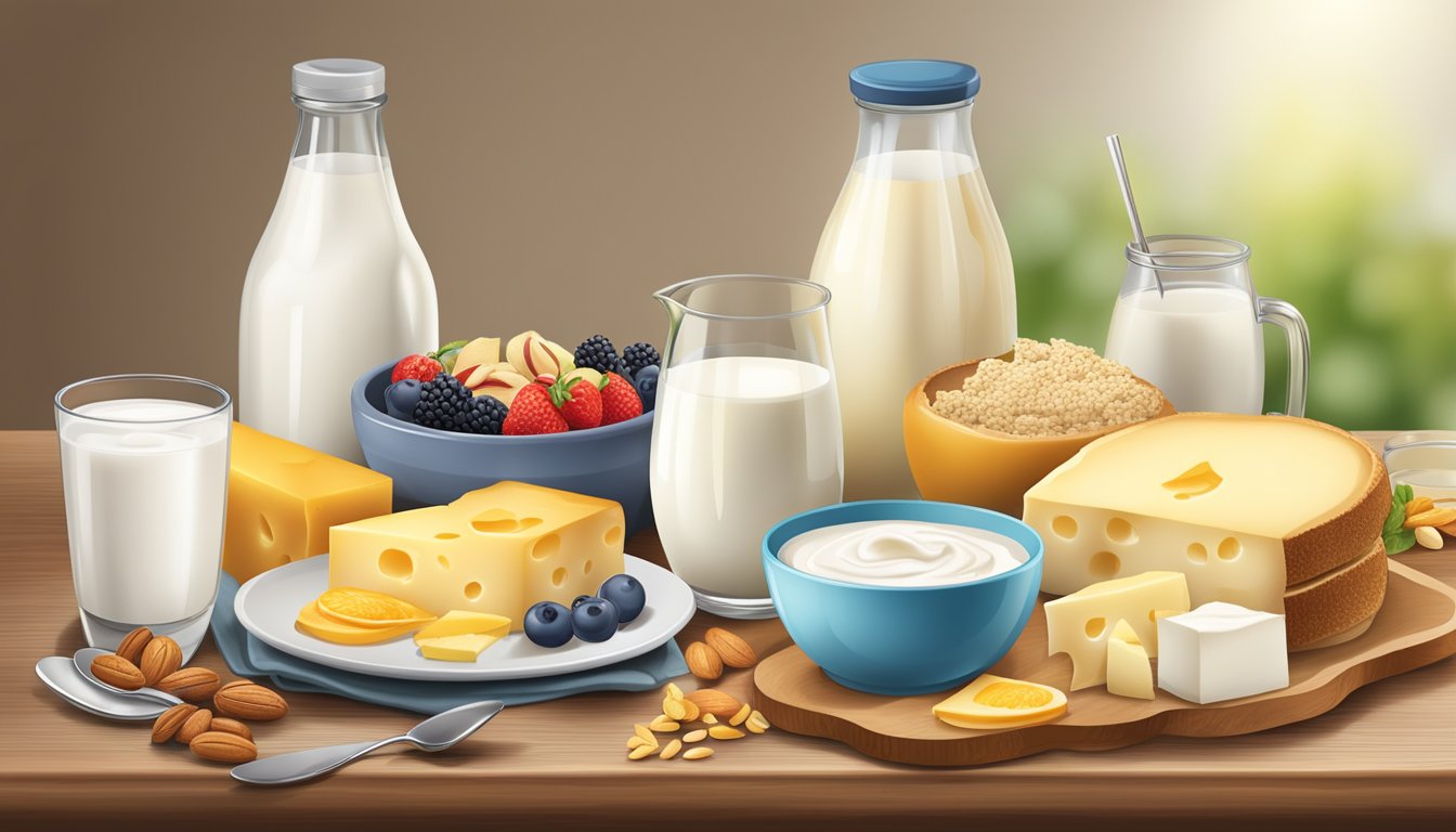 A breakfast table with a variety of dairy products such as milk, yogurt, and cheese, alongside complementary foods like whole grain toast, fruits, and nuts