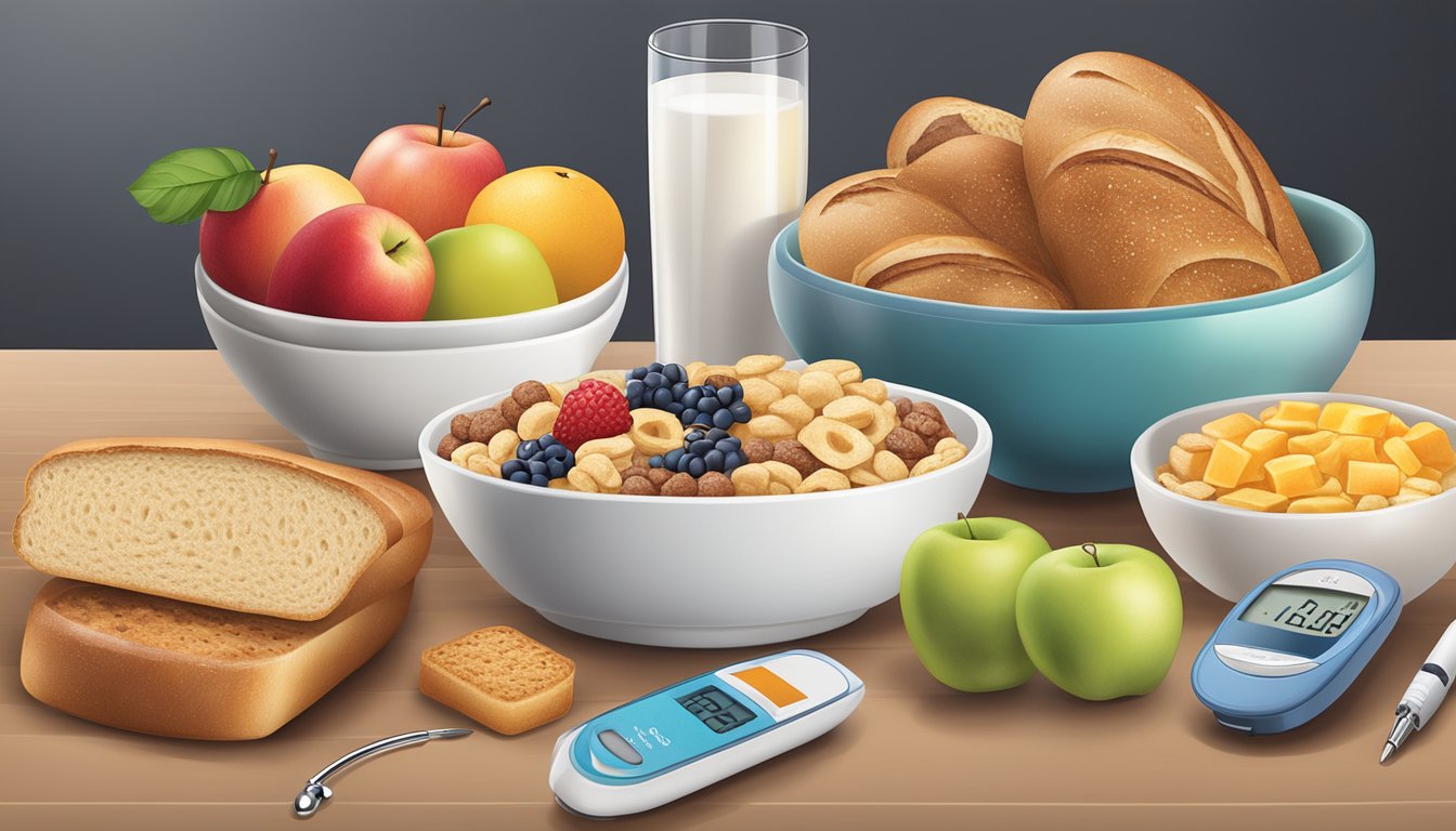 A breakfast table with a variety of carb options, such as bread, fruit, and cereal, alongside a blood glucose monitor and insulin pen