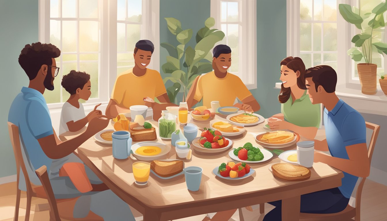 A family sitting around a breakfast table with a spread of diabetic-friendly options such as whole grain toast, fresh fruit, yogurt, and eggs