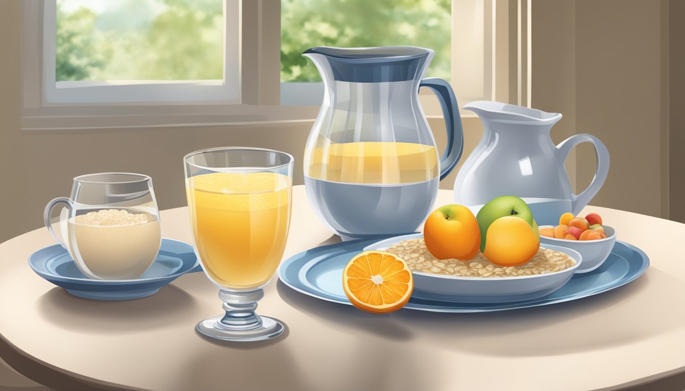 A breakfast table with a glass of water, a bowl of oatmeal, a plate of fruit, and a pitcher of water