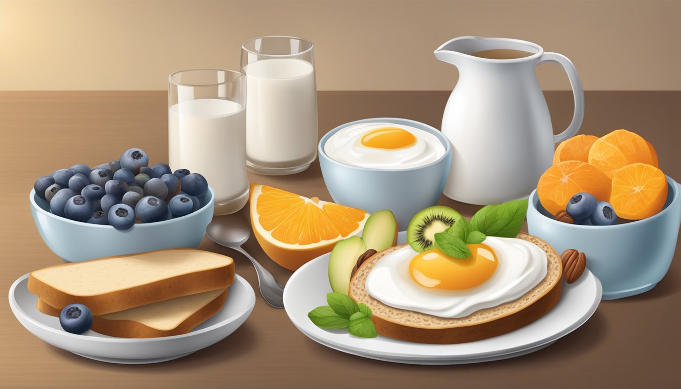 A table set with a variety of breakfast ingredients, including whole grain bread, fresh fruit, low-fat yogurt, and nuts