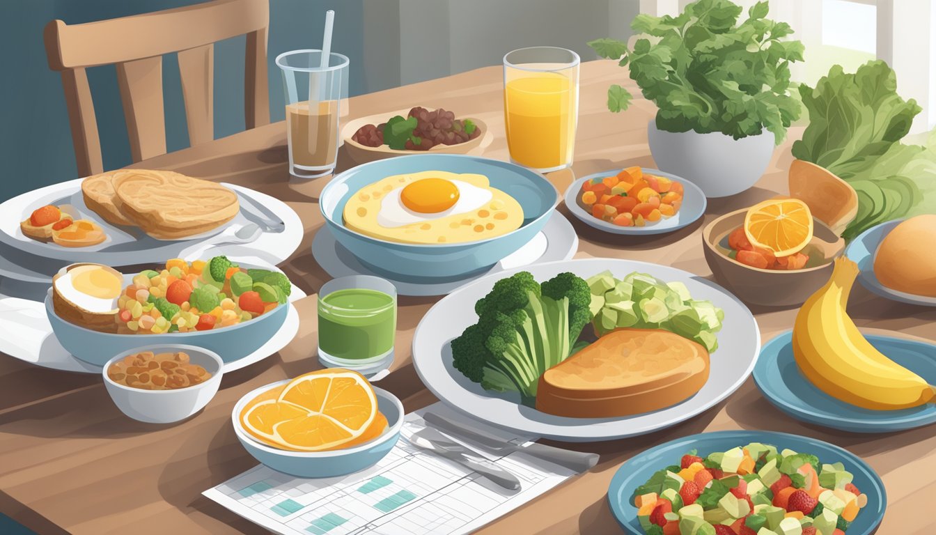 A breakfast table with a variety of healthy foods, a glass of water, and a diabetes-friendly meal plan chart displayed in the background