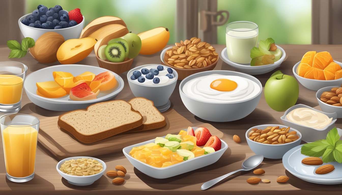 A table set with a variety of healthy breakfast sides and add-ons, such as fresh fruits, whole grain toast, yogurt, and nuts