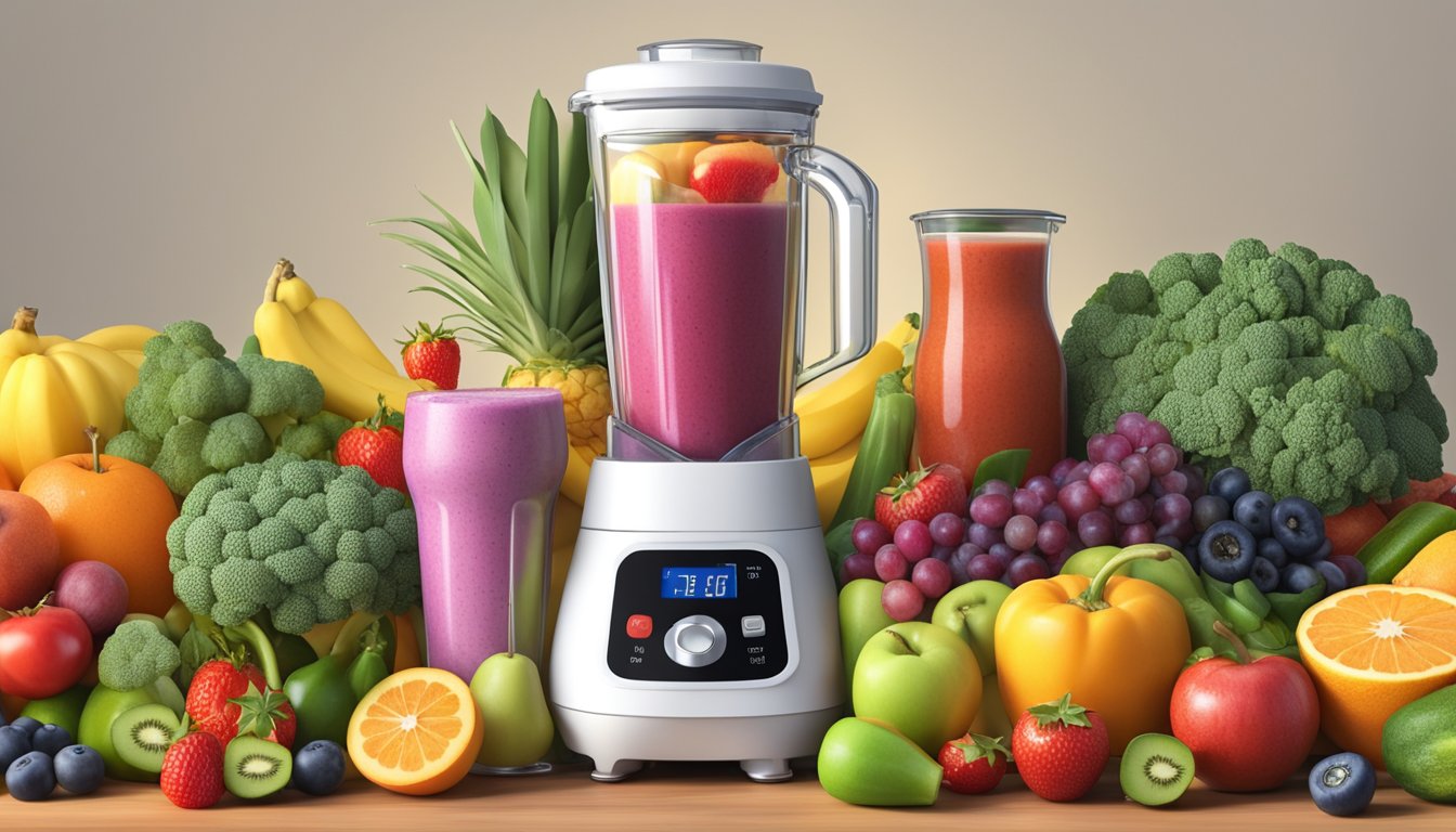 A variety of colorful fruits and vegetables arranged around a blender, with a glass of smoothie and a blood sugar monitor nearby