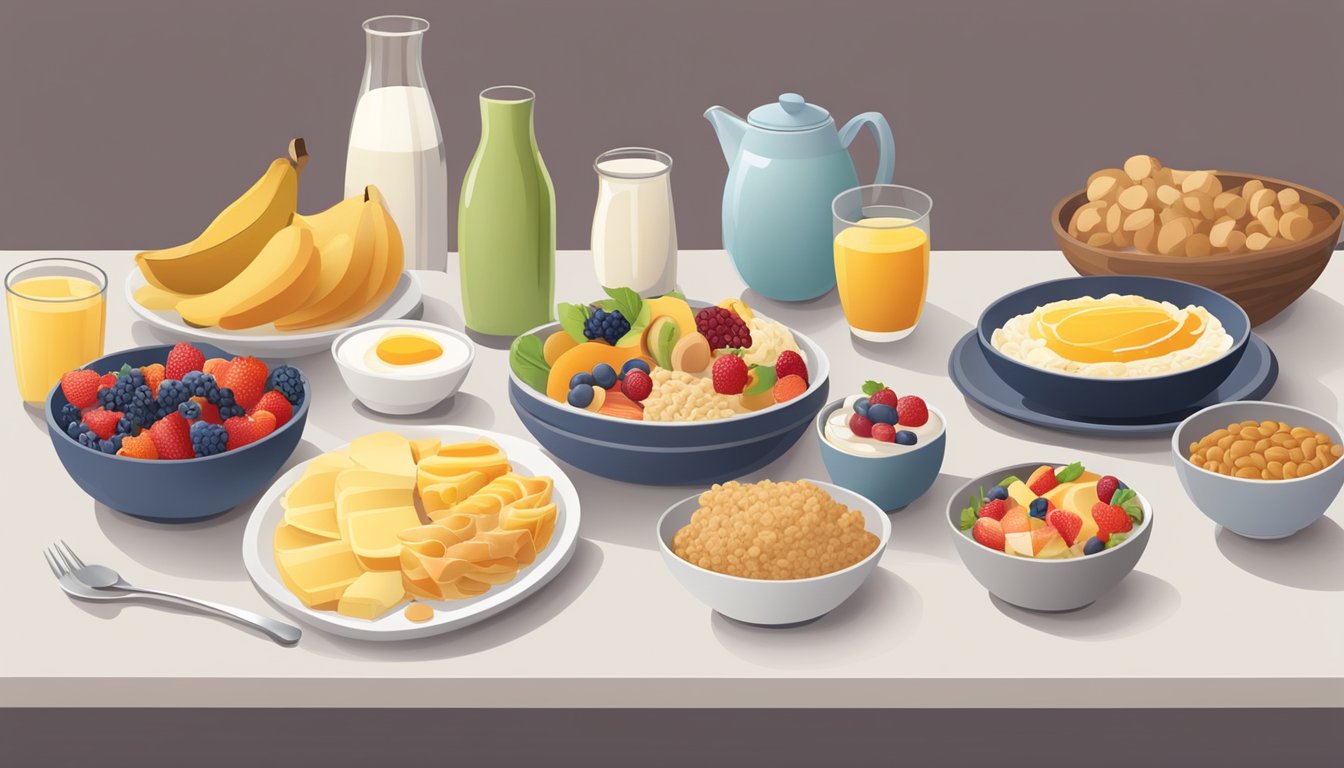 A family breakfast table with a variety of healthy food options, including whole grains, fruits, and low-sugar alternatives