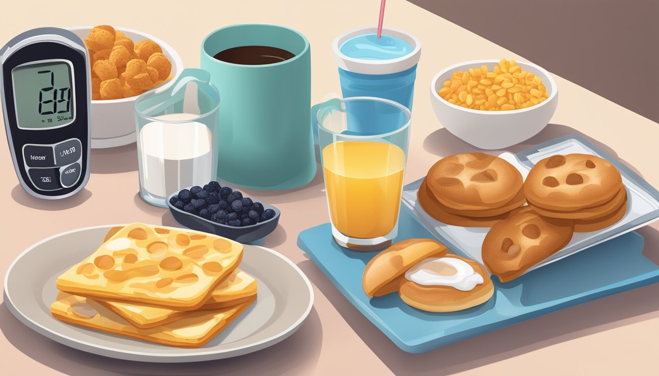 A table set with breakfast foods to avoid: sugary cereals, pastries, and sweetened drinks next to a glucometer displaying high blood sugar levels