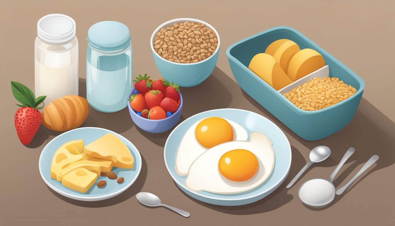 A table set with a balanced breakfast including whole grains, fruits, and protein, alongside a medication organizer with morning doses